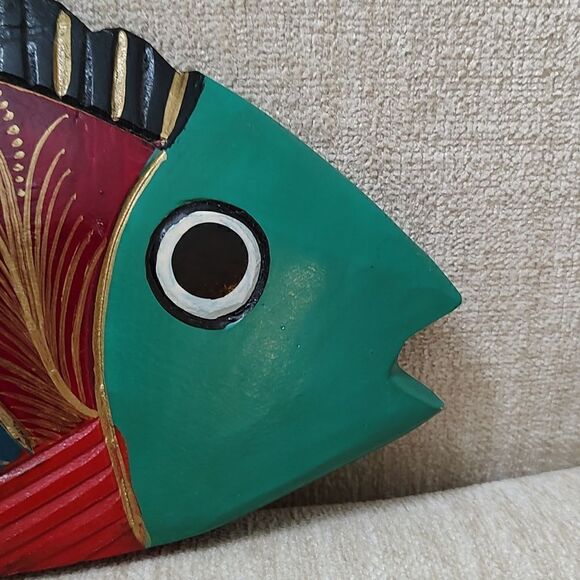 Mexican Folk Art Hand Painted Hand Carved Wooden Fish Artist Signed Shelf Sitter - Picture 3 of 8